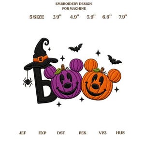 Mickey Pumpkin BOO Machine Embroidery Design, Witch Hat Halloween Embroidery File, Spooky Season Mouse Ears Pumpkin Pattern Instant Download