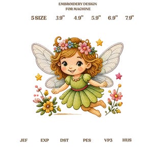 Puede incluir: Un diseño de bordado para máquina con una hada de cabello castaño rizado, corona de flores y vestido verde. Texto: EMBROIDERY DESIGN FOR MACHINE, 5 SIZE, 3.9", 4.9", 5.9", 6.9", 7.9", JEF, EXP, DST, PES, VP3, HUS. Incluye estrellas y flores.