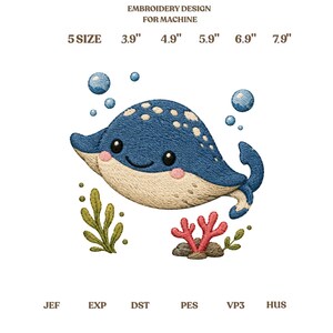 May include: An embroidery design for machine featuring a blue stingray with white spots, pink cheeks, and black eyes. The design includes blue bubbles, green seaweed, and red coral. Text reads: EMBROIDERY DESIGN FOR MACHINE, 5 SIZE, 3.9", 4.9", 5.9", 6.9", 7.9", JEF, EXP, DST, PES, VP3, HUS.