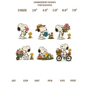 May include: An embroidery design for machine featuring six scenes of a white dog and a small yellow bird in a garden. Text reads EMBROIDERY DESIGN FOR MACHINE, 5 SIZE 3.9" 4.9" 5.9" 6.9" 7.9" and file formats JEF, EXP, DST, PES, VP3, HUS.