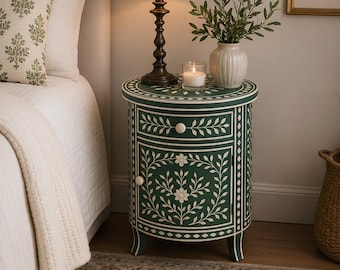 Green Bone Inlay Round Bedside Table, Handamde Nightstand With Draswer & Storage Cabinet,