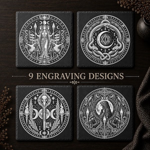 Hecate lasergravyr PNG-paket, Witchy Things gotisk skifferunderläggsdesign, trippelgudinna hednisk altarskiva PNG, magisk laserfil