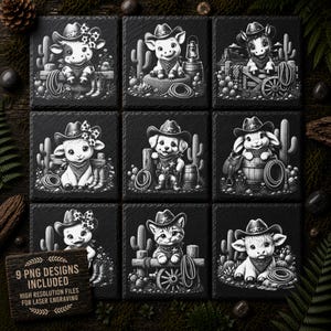 May include: A set of nine square black slate coasters featuring engraved illustrations of various baby animals wearing cowboy hats and bandanas in western desert settings, with a wooden sign stating 9 PNG DESIGNS INCLUDED.