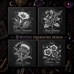 Puede incluir: Cuatro posavasos cuadrados de pizarra negra con ilustraciones botánicas grabadas en blanco de Datura Stramonium, Atropa Belladonna, Carduus Nutans y Helleborus Niger. El texto 9 WITCHY ENGRAVING DESIGN está centrado entre los posavasos.