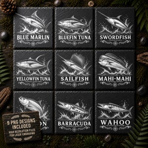 Saltwater Fish Name PNG Bundle for Laser Engraving, Vintage Ocean Fish Designs for Ocean Coasters, Swordfish, Tuna Laser Ready File