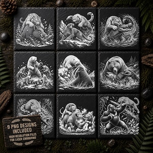 9 Wildlife Fight Slate Laser Engraving Design Bundle, Animal Battle PNG Grayscale, Predator vs Prey Engraving Art, Commercial Use