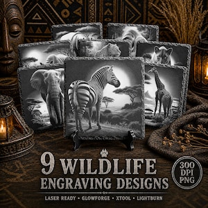 9 Savannah Animal PNG Bundle for Laser Engraving | Elephant, Hippopotamus, Zebra, Giraffe, Lion Wildlife Designs For Animal Coasters
