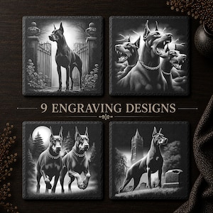 May include: Four square black slate coasters featuring detailed engravings of Doberman dogs in various settings, including a gated entrance, a pack with lightning, two dogs in a forest, and a dog near a tombstone, with the text 9 ENGRAVING DESIGNS.