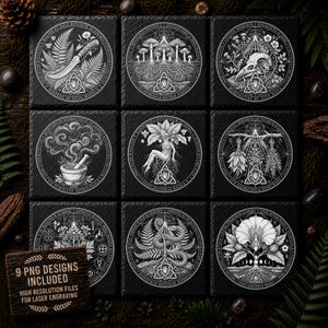 May include: A set of nine square black slate coasters featuring intricate white line art illustrations of botanical, occult, and alchemical symbols. Each coaster displays a unique circular design with Latin text. A wooden sign reads 9 PNG DESIGNS INCLUDED.