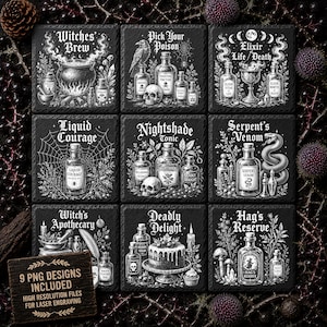 9 Witch Apothecary Laser Engraving PNG Bundle | Gothic Halloween Potion Bottle Designs | Slate Coaster Files | Glowforge xTool LightBurn