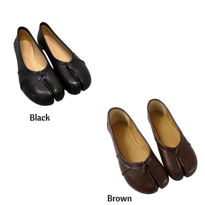 May include: A pair of black split-toe flats and a pair of brown split-toe flats. Each shoe features a distinct cleft design at the toe, a small decorative knot detail at the center of the vamp, and a smooth interior lining. The text Black and Brown appear.