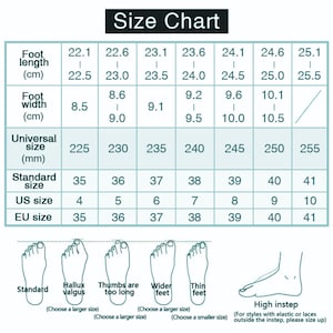 May include: A size chart table with rows for foot length in cm, foot width in cm, universal size in mm, standard size, US size, and EU size. Below the table are illustrations of different foot shapes including standard, hallux valgus, and high instep.
