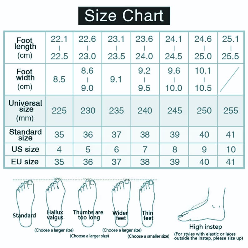 May include: A size chart table with rows for foot length in cm, foot width in cm, universal size in mm, standard size, US size, and EU size. Below the table are illustrations of different foot shapes including standard, hallux valgus, and high instep.