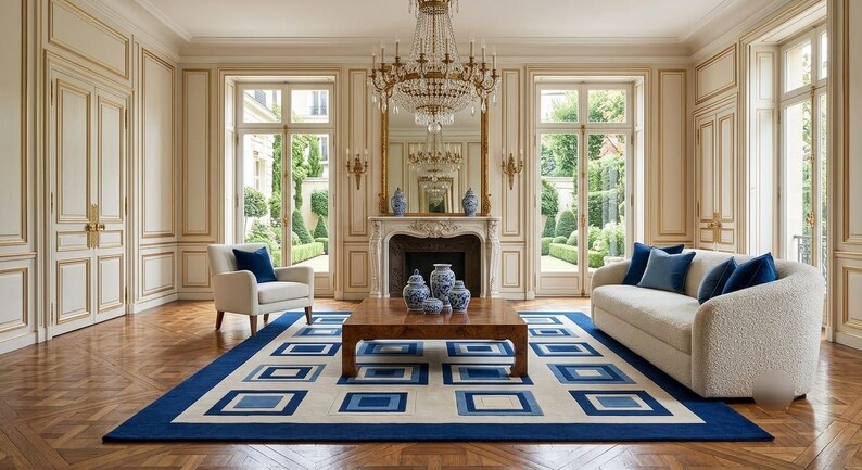 May include: A living room featuring a cream-colored sofa with blue pillows, a cream armchair with a blue pillow, and a wooden coffee table topped with blue and white ceramic vases. A large rug with a blue and cream geometric square pattern.