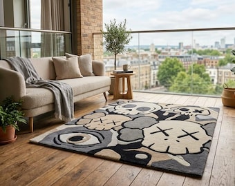 Handmade Tufted Skull Rug, Abstract Wool Area Rug, Modern Designer Carpet, Plush Thick Pile Living Room Rug