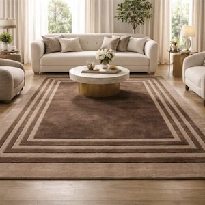 Handtufted Area Rug, Modern Border Carpet, Neutral Minimalist Rug, Luxury Living Room & Dining Room Rug, Custom Size Rug