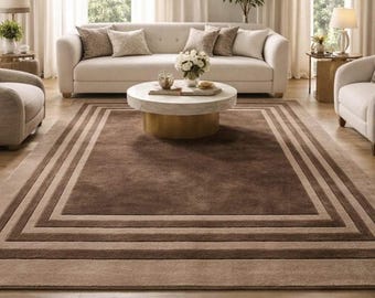 Handgetuft vloerkleed, modern tapijt met rand, neutraal minimalistisch vloerkleed, luxe vloerkleed voor woonkamer en eetkamer, vloerkleed op maat