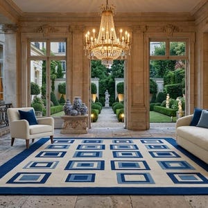 May include: A rectangular area rug featuring a geometric pattern of nested squares in shades of blue and cream, positioned on a stone floor between a cream-colored sofa with blue throw pillows and a matching armchair in a grand open-air terrace.