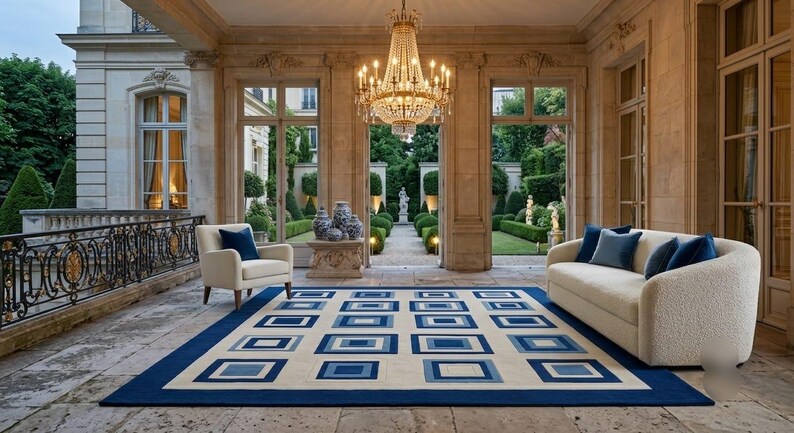 May include: A rectangular area rug featuring a geometric pattern of nested squares in shades of blue and cream, positioned on a stone floor between a cream-colored sofa with blue throw pillows and a matching armchair in a grand open-air terrace.