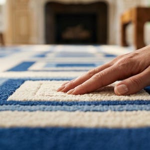 May include: A plush area rug featuring a geometric pattern of nested squares in shades of deep blue, light blue, and cream. The rug has a thick, textured pile construction with a soft surface finish, showcasing a repeating square design throughout.