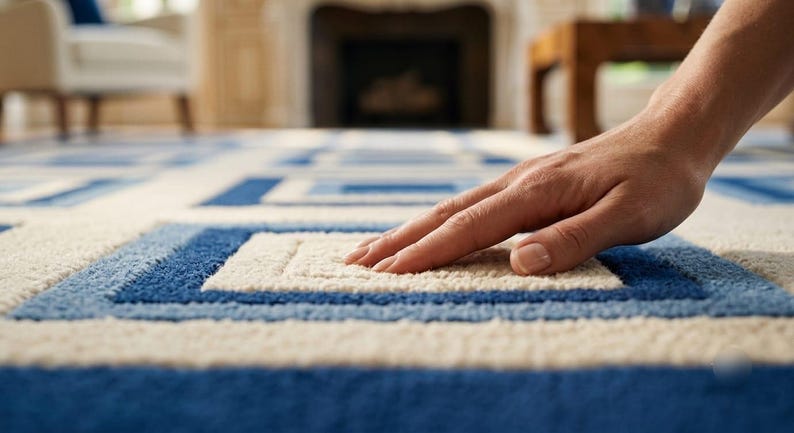 May include: A plush area rug featuring a geometric pattern of nested squares in shades of deep blue, light blue, and cream. The rug has a thick, textured pile construction with a soft surface finish, showcasing a repeating square design throughout.