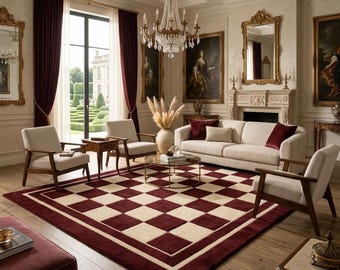 Handmade Tufted Checkerboard Rug, Burgundy and Cream Square Pattern Area Rug, Modern Geometric Living Room Carpet, Soft Wool Rug