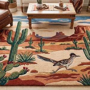 May include: A rectangular area rug featuring a desert landscape with a roadrunner bird in the foreground, surrounded by various cacti including saguaro and prickly pear, set against a backdrop of red rock mesas under a blue sky with clouds.