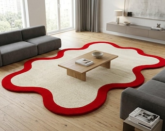 Modern Organic Shape Rug, white and Red Wavy Area Rug, Hand Tufted Wool Carpet for Living Room, Contemporary Custom Rug, Unique Abstract Rug