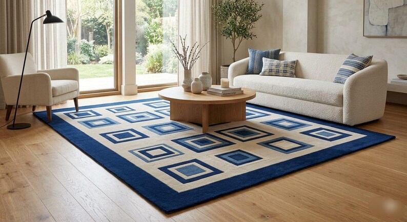 May include: A rectangular area rug featuring a geometric pattern of nested squares in varying shades of blue and cream. The rug has a solid dark blue border and a cream-colored field with repeating square motifs in light, medium, and dark blue tones.
