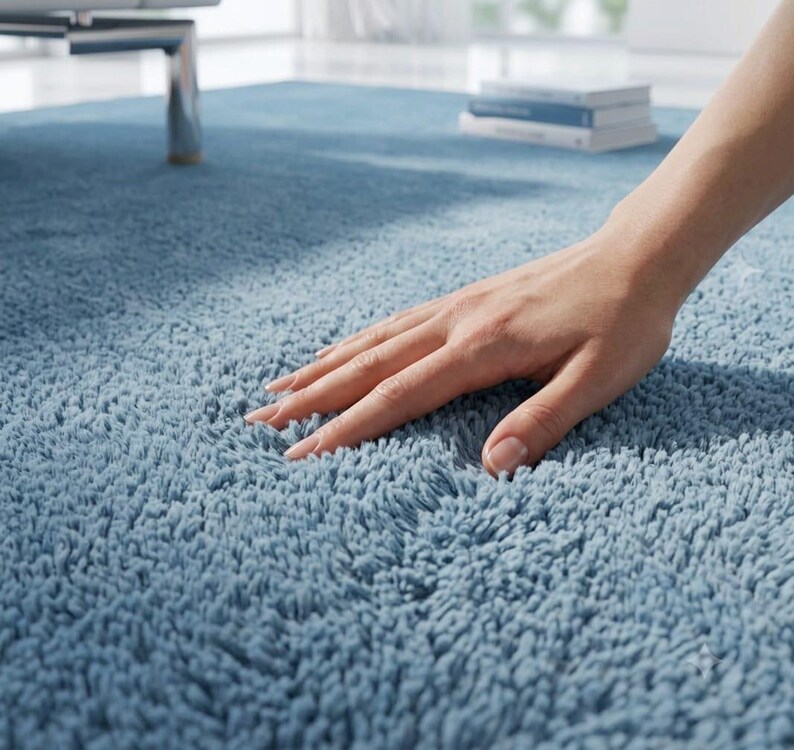 Op de afbeelding: Een pluche, lichtblauw vloerkleed met een dikke, hoogpolige textuur. Het oppervlak van het kleed bestaat uit dichte, zachte vezels die een diep, getextureerd uiterlijk cre&euml;ren, wat zorgt voor een consistente effen kleur over het hele oppervlak.