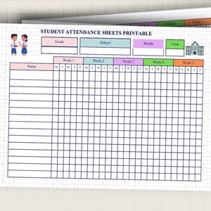 May include: A printable student attendance sheet featuring a grid layout with columns for names and five weeks of daily tracking. The header includes the text STUDENT ATTENDANCE SHEETS PRINTABLE, with colorful boxes for grade, subject, month, and term, plus illustrations of two students and a school building.