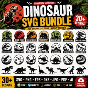 Könnte beinhalten: Eine digitale Grafiksammlung mit dem Titel Dinosaur SVG Bundle, die über 30 schwarz-weiße Dinosaurier-Silhouetten und kreisförmige Embleme enthält. Das Design umfasst verschiedene prähistorische Kreaturen, Palmen und Textbeschriftungen wie Dino World.
