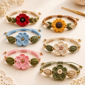 May include: Six adjustable bracelets featuring crocheted flower centerpieces in red, yellow, light blue, white, pink, and green. Each bracelet includes small crocheted leaves and metallic gold beads along the woven cord bands.