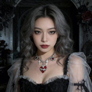 May include: A silver-toned chain necklace featuring a central red heart pendant wrapped in silver thorns, flanked by two white cross charms and two smaller sunburst-style charms with red centres, all suspended from a thick metallic link chain.