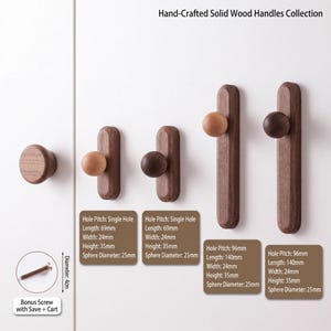 Puede incluir: Colecci&oacute;n de tiradores de madera maciza hechos a mano con varios pomos y tiradores. Incluye dimensiones de distancia entre agujeros, longitud, anchura, altura y di&aacute;metro de esfera en mil&iacute;metros. Se muestra un tornillo extra de 4 cm.