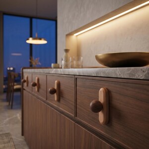 May include: A dark wood kitchen cabinet featuring a series of drawers with unique hardware. Each drawer pull consists of a light-coloured vertical wooden plate mounted with a round, dark wooden knob, creating a distinct contrast against the grain.
