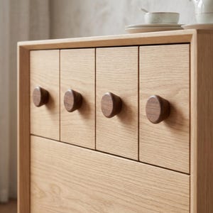 Puede incluir: Una c&oacute;moda de madera clara con cuatro cajones superiores verticales, cada uno equipado con un peque&ntilde;o pomo redondo de madera de color marr&oacute;n oscuro. La veta de la madera clara es visible en los paneles frontales y el marco del mueble.