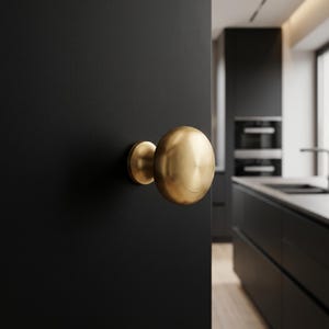 May include: A circular, brushed brass door knob with a smooth, rounded face and a cylindrical base, mounted onto a solid matte black door surface. The metal finish displays a subtle radial texture, reflecting light across its curved surface.
