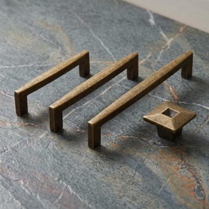 Antique Brass Cabinet Handles and Square Knob, Vintage Drawer Pulls, Rustic Kitchen Hardware, Farmhouse Dresser Pulls Set