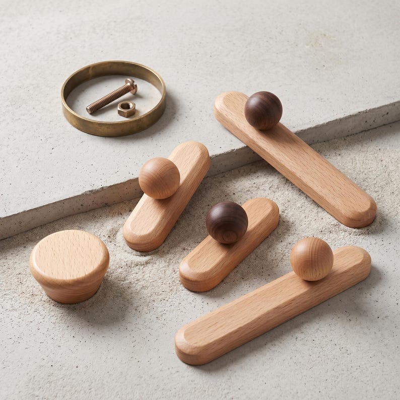 Solid Wood Cabinet Handles and Knobs, Walnut & Beech Drawer Pulls, Modern Wooden Furniture Hardware, Single Hole and Hole Pitch Handles image 1