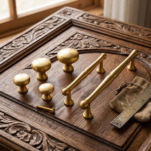 May include: A collection of brass cabinet hardware including four round knobs and two long bar pulls. A single brass screw lies nearby, and a metal ruler shows measurements in centimetres next to a small brown fabric pouch on a carved wooden surface.