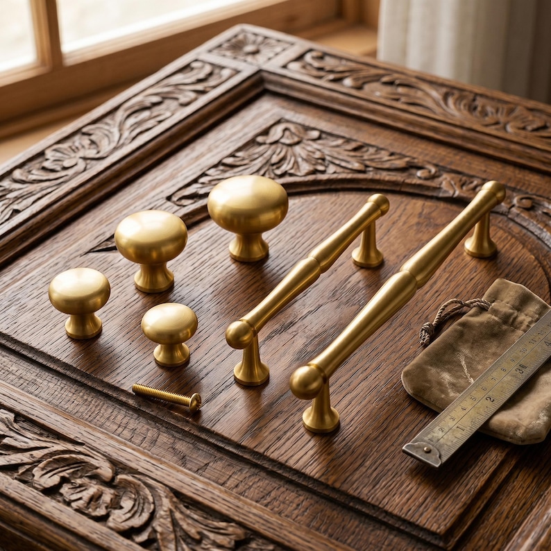 May include: A collection of brass cabinet hardware including four round knobs and two long bar pulls. A single brass screw lies nearby, and a metal ruler shows measurements in inches next to a small brown fabric pouch on a carved wooden surface.