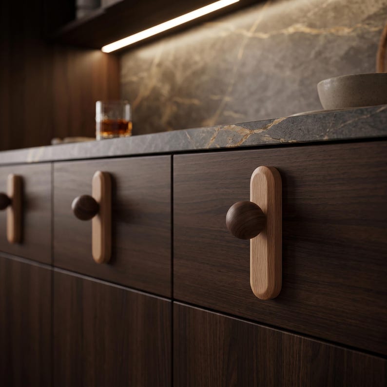 Solid Wood Cabinet Handles and Knobs, Walnut & Beech Drawer Pulls, Modern Wooden Furniture Hardware, Single Hole and Hole Pitch Handles image 4