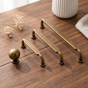 Brushed Gold Cabinet Handles and Knobs Set, Brass Drawer Pulls, Vintage Kitchen Hardware, Round Square Dresser Knobs, Wardrobe Pulls