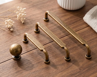 Brushed Gold Cabinet Handles and Knobs Set, Brass Drawer Pulls, Vintage Kitchen Hardware, Round Square Dresser Knobs, Wardrobe Pulls