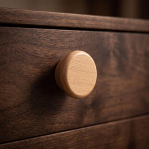 May include: A round, light-coloured wooden drawer knob with a smooth, matte finish attached to a dark brown, horizontal wooden drawer front. The knob features a simple, circular design that contrasts with the dark, grained wood of the drawer.