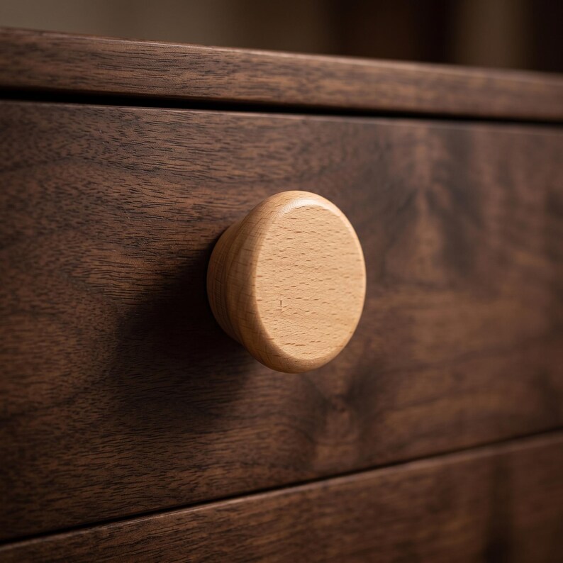 May include: A round, light-coloured wooden drawer knob with a smooth, matte finish attached to a dark brown, horizontal wooden drawer front. The knob features a simple, circular design that contrasts with the dark, grained wood of the drawer.