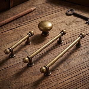Vintage Brass Cabinet Handles and Knob Set, Antique Drawer Pulls, Rustic Kitchen Cabinet Hardware, Farmhouse Dresser Pulls Decor