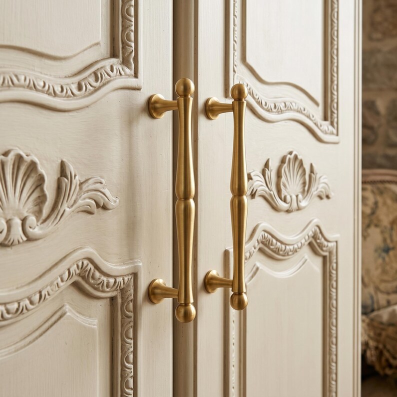 May include: Two vertical brass cabinet handles with a smooth, cylindrical design and rounded ends, mounted on a pair of off-white wooden cabinet doors featuring intricate carved shell motifs and decorative raised molding along the door panels.