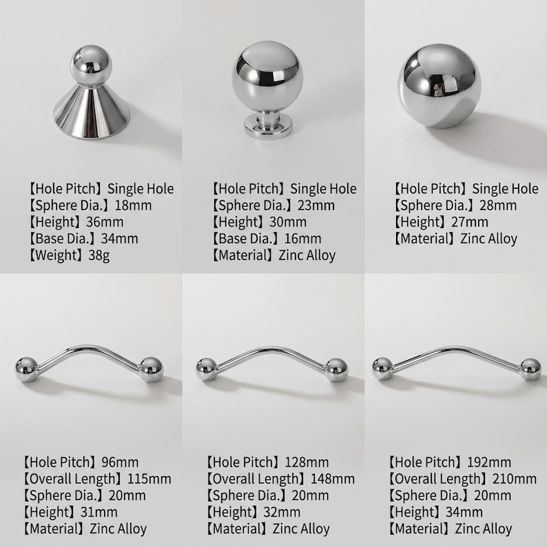 Skåpshandtag och knoppar i polerat silver, Kromade lådhandtag, Moderna köksbeslag, Kulknoppar, Garderobshandtag bild 2